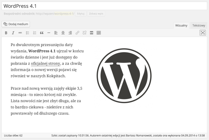 WordPress 4.1 - tryb nierozpraszający